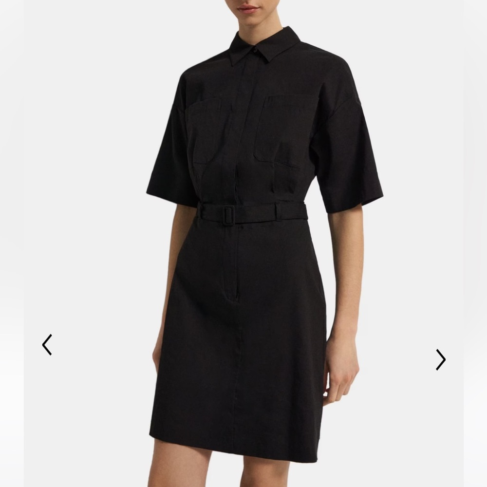 Theory Black Belted Shirt Dress in Stretch Linen